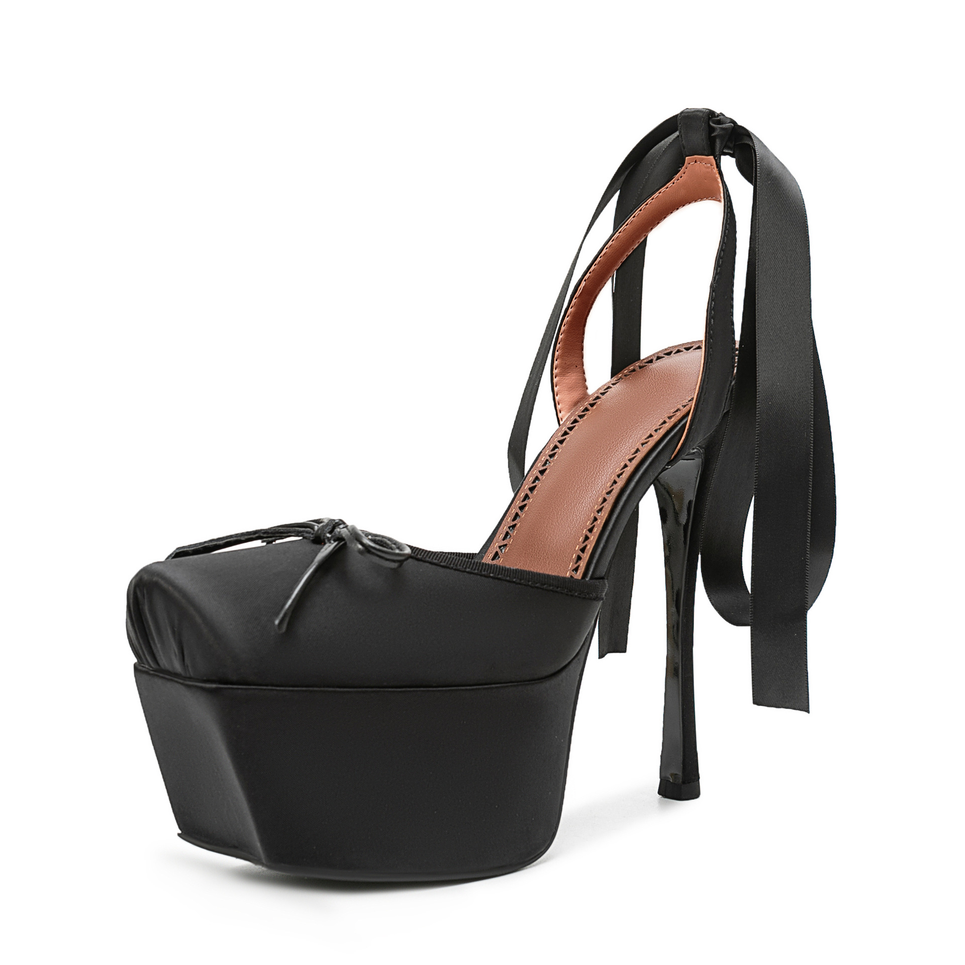 Ribbon Tie Heel - Women Satin Platform Pumps Square Toe