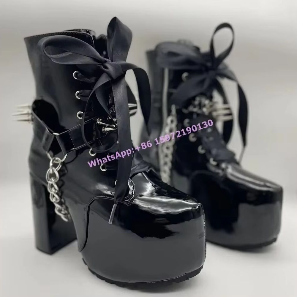 Ribbon Tied Rivet Black Boots  - đánh giá và giá Ribbon Tie Heel