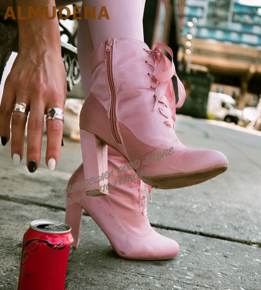 ALMUDENA Pink Satin Chunky Hee - đánh giá và giá Ribbon Tie Heel