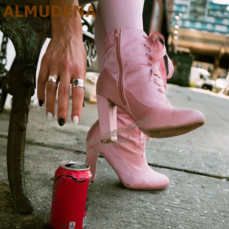 ALMUDENA Pink Satin Chunky Hee - đánh giá và giá Ribbon Tie Heel