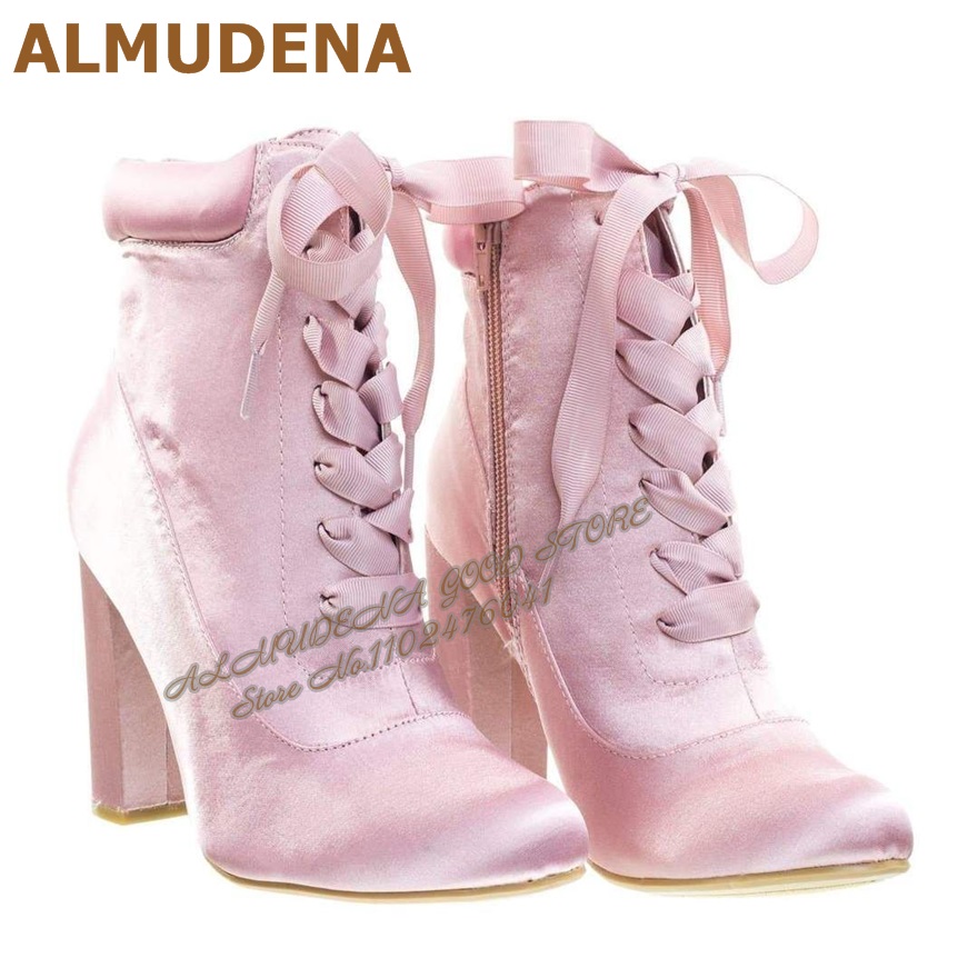 ALMUDENA Pink Satin Chunky Hee - đánh giá và giá Ribbon Tie Heel