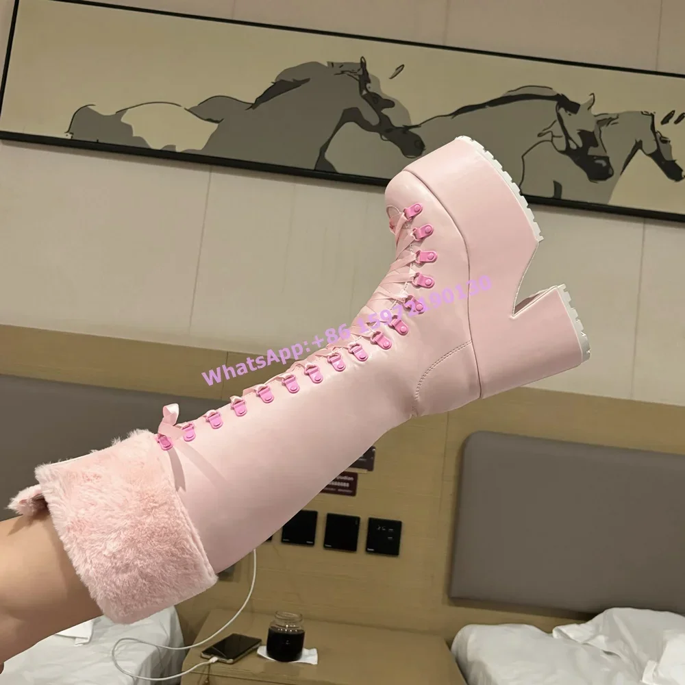 Pink Furry Boots Thick Soled L - đánh giá và giá Ribbon Tie Heel