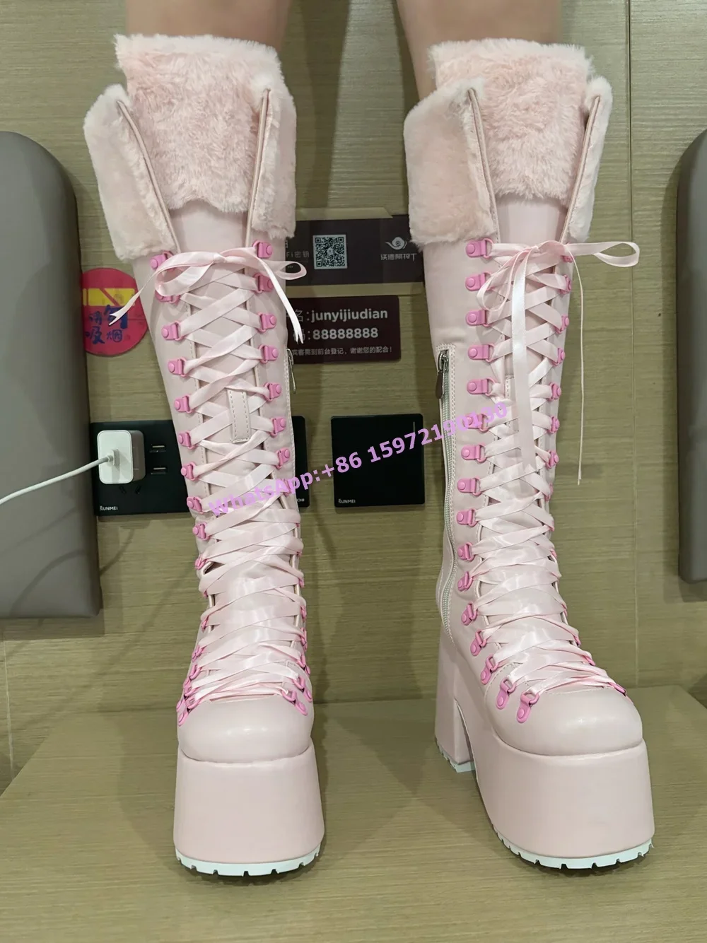 Pink Furry Boots Thick Soled L - đánh giá và giá Ribbon Tie Heel