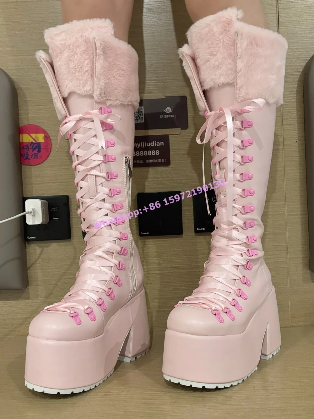 Pink Furry Boots Thick Soled L - đánh giá và giá Ribbon Tie Heel