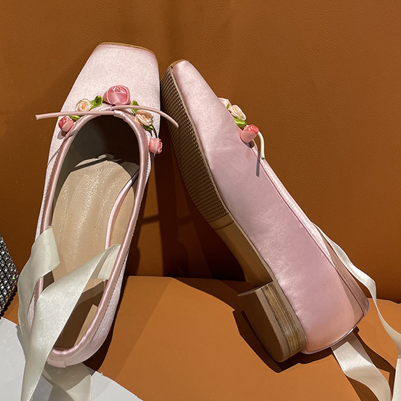 Women Pink Satin Square Toe Lo - đánh giá và giá Ribbon Tie Heel